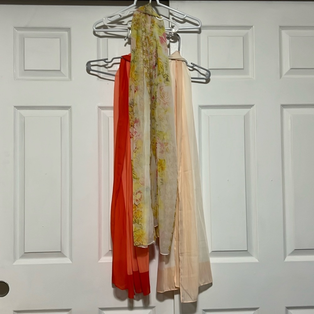3 Spring Scarves.  Dark Orange/Light Orange.  Peach/Cream.  Yellow Floral.